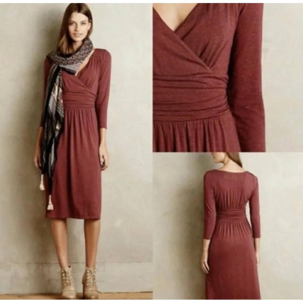 Anthropologie Maeve  Galena Burgundy Midi VNeck Jersey Wrap Dress L - Picture 10 of 11